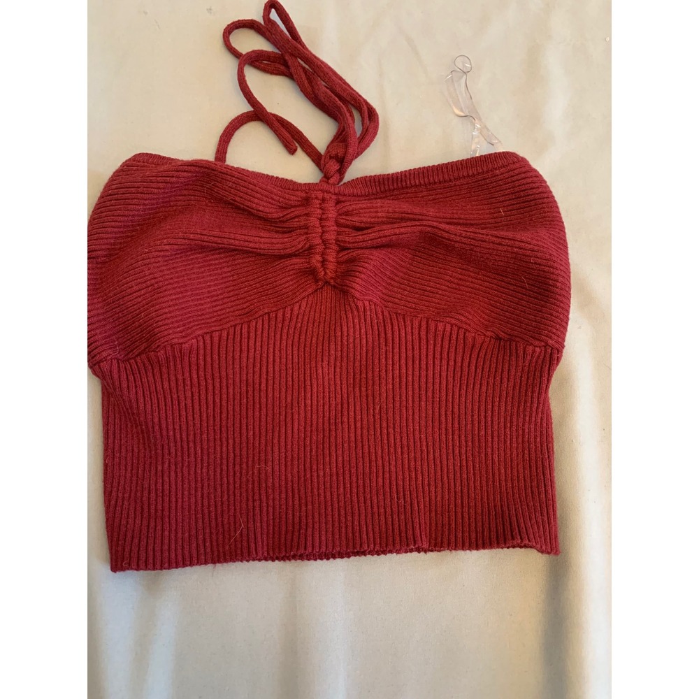 Windsor Burgundy Red Ribbed Knit Halter Crop Top Sweetheart Ruched Small